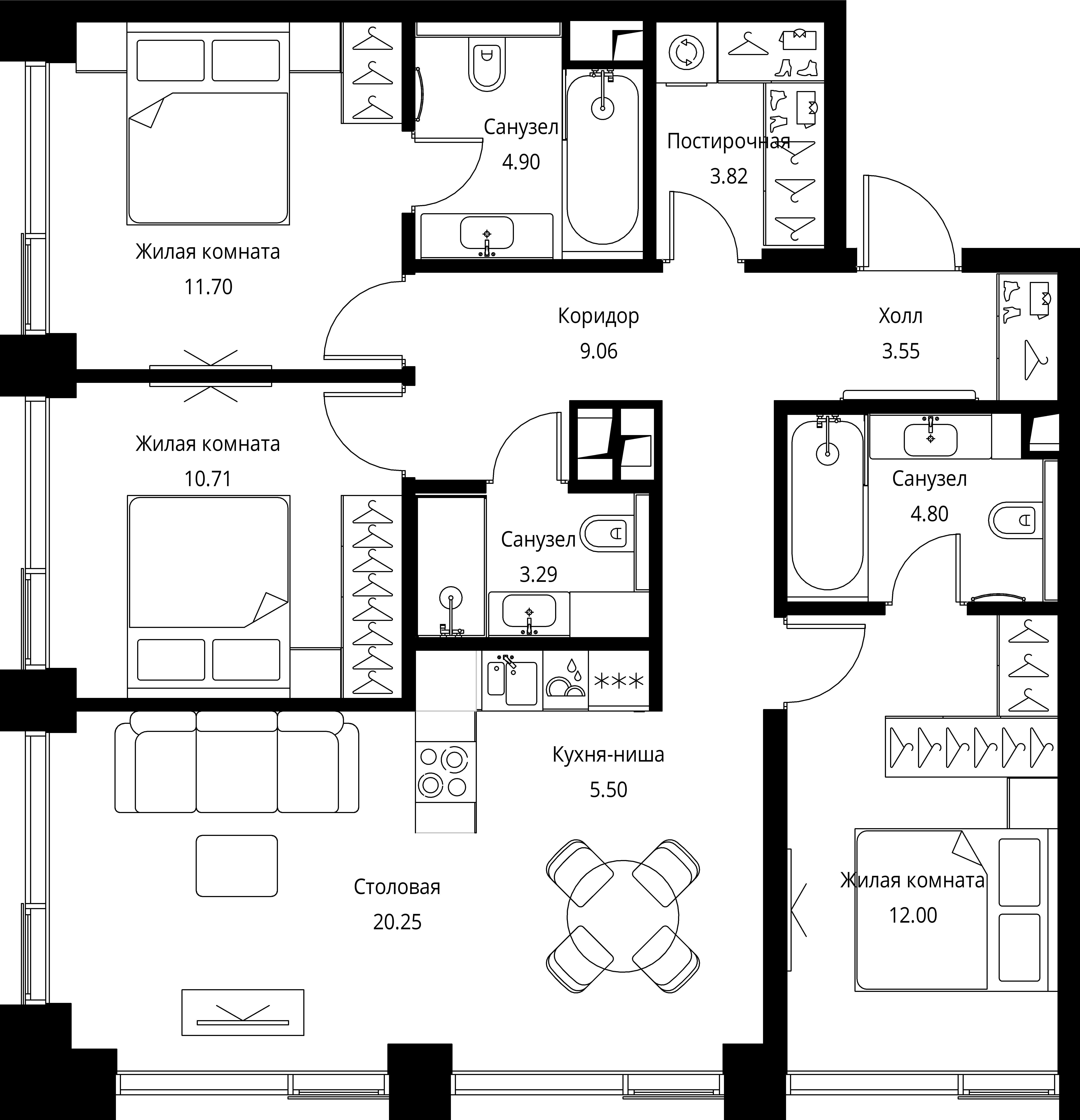 3 комн. квартира, 89.6 м², 3 этаж 