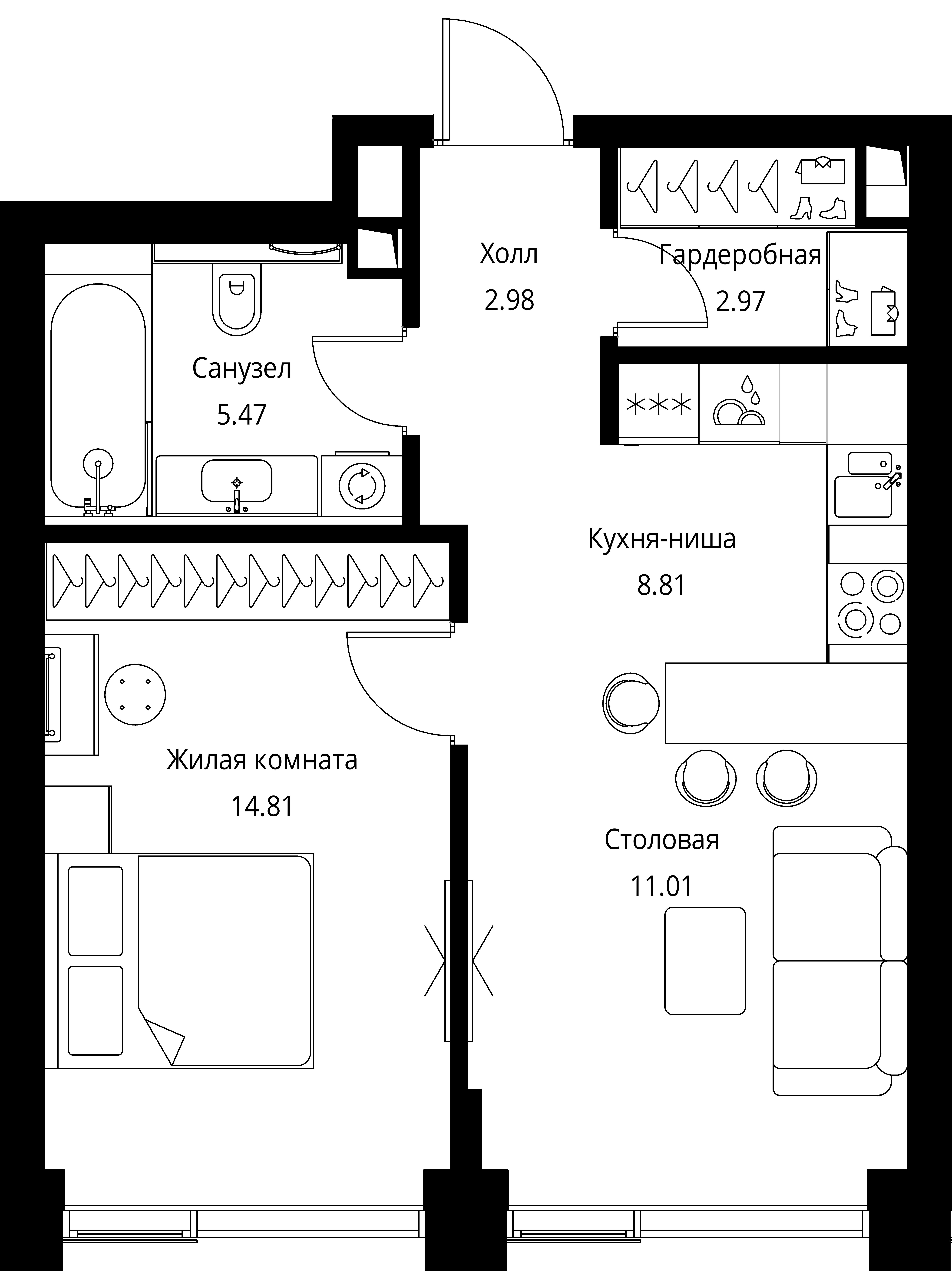 1 комн. квартира, 46 м², 2 этаж 