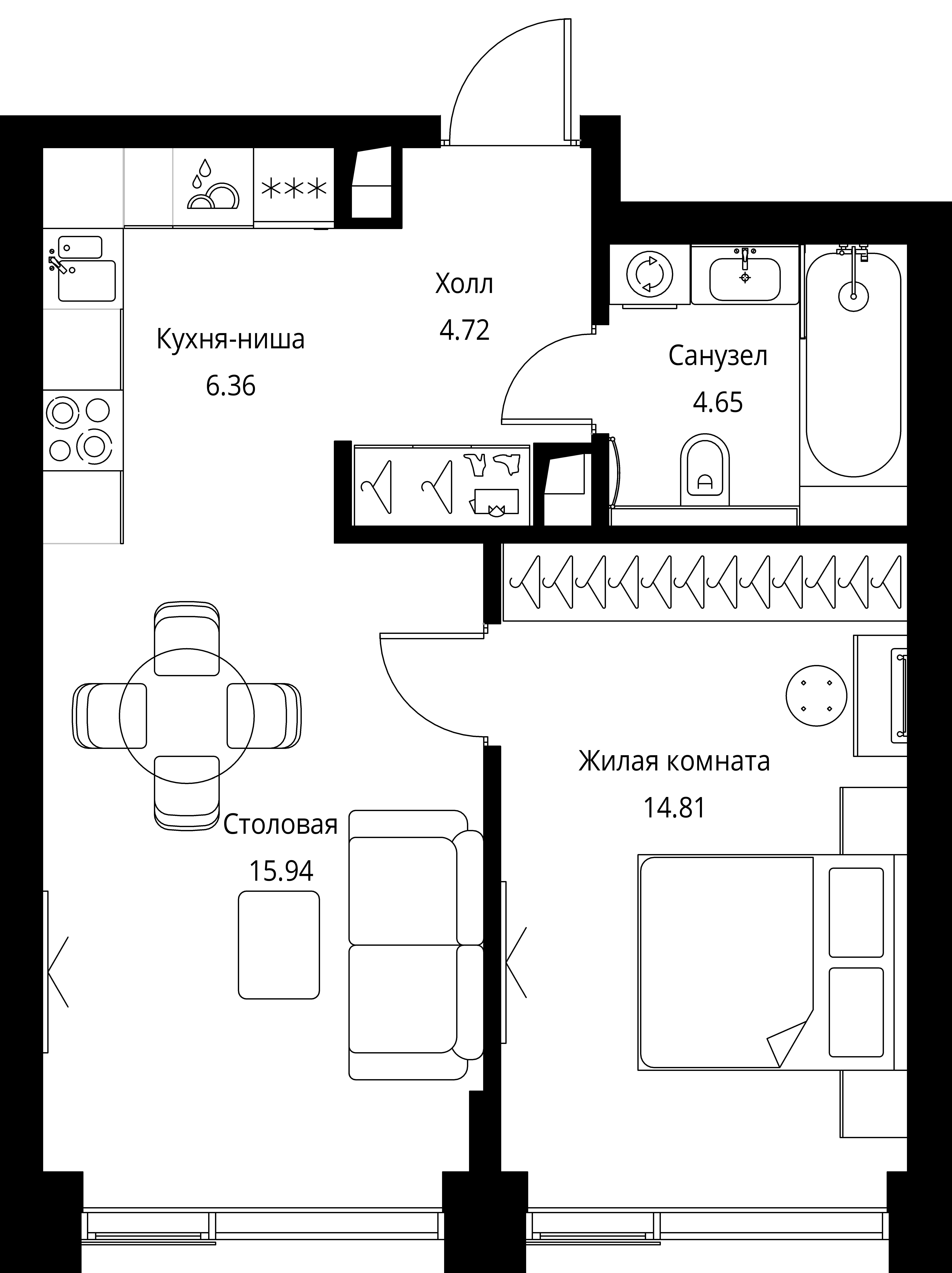 1 комн. квартира, 46.5 м², 2 этаж 