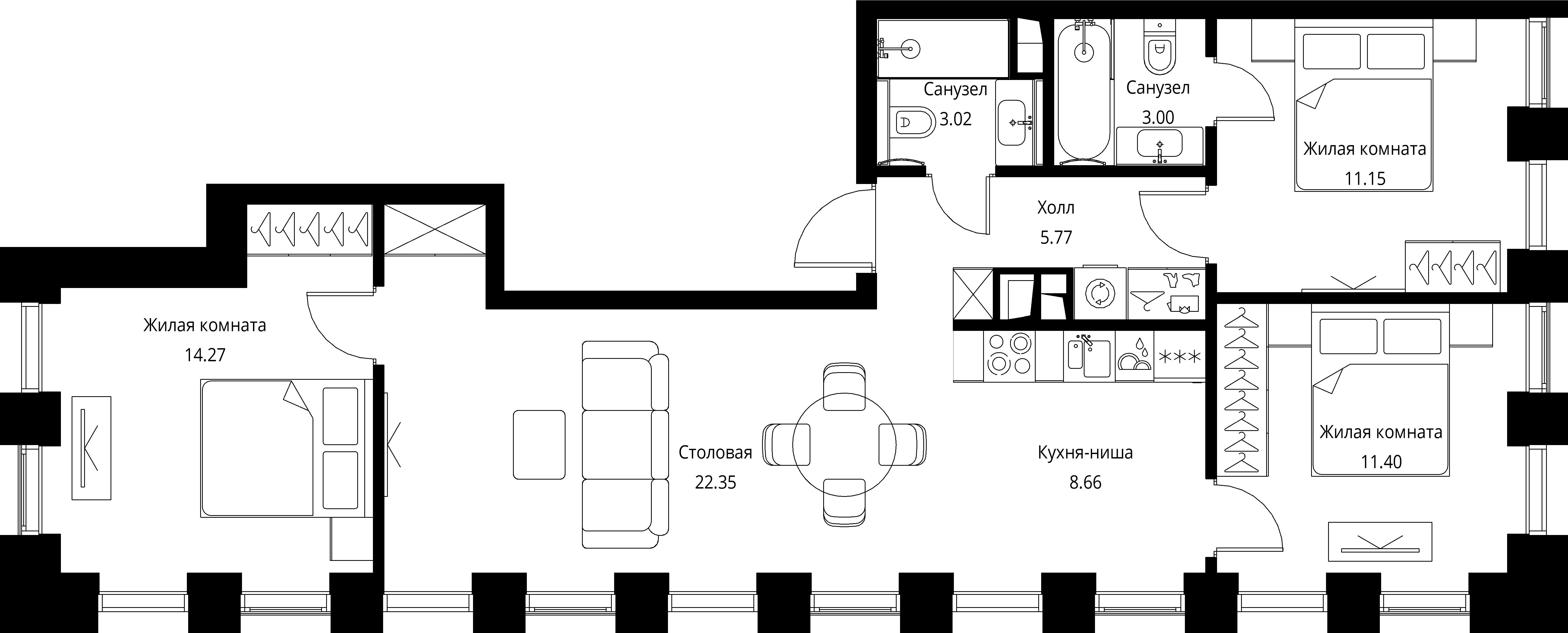 3 комн. квартира, 79.6 м², 13 этаж 