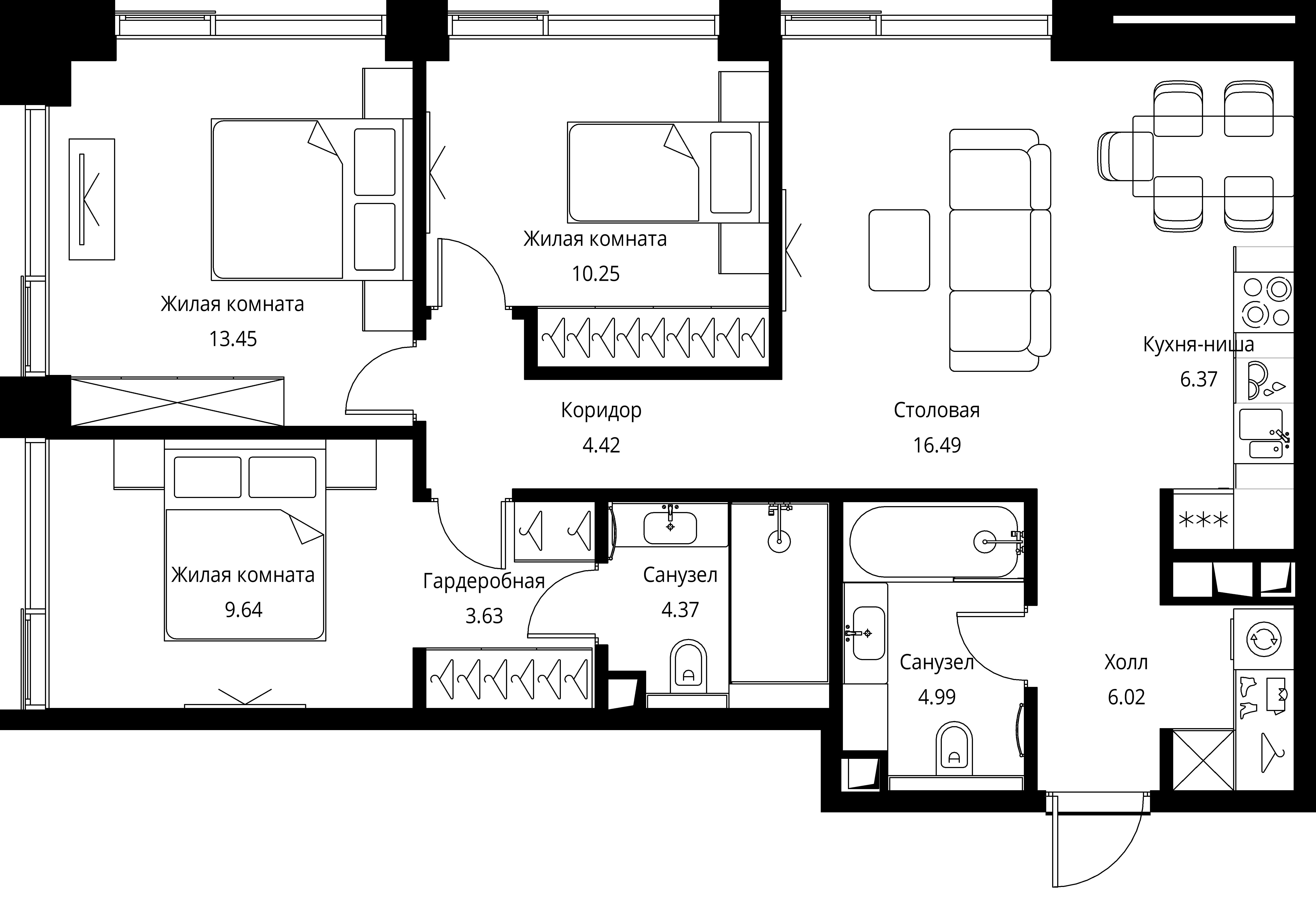 3 комн. квартира, 79.6 м², 8 этаж 