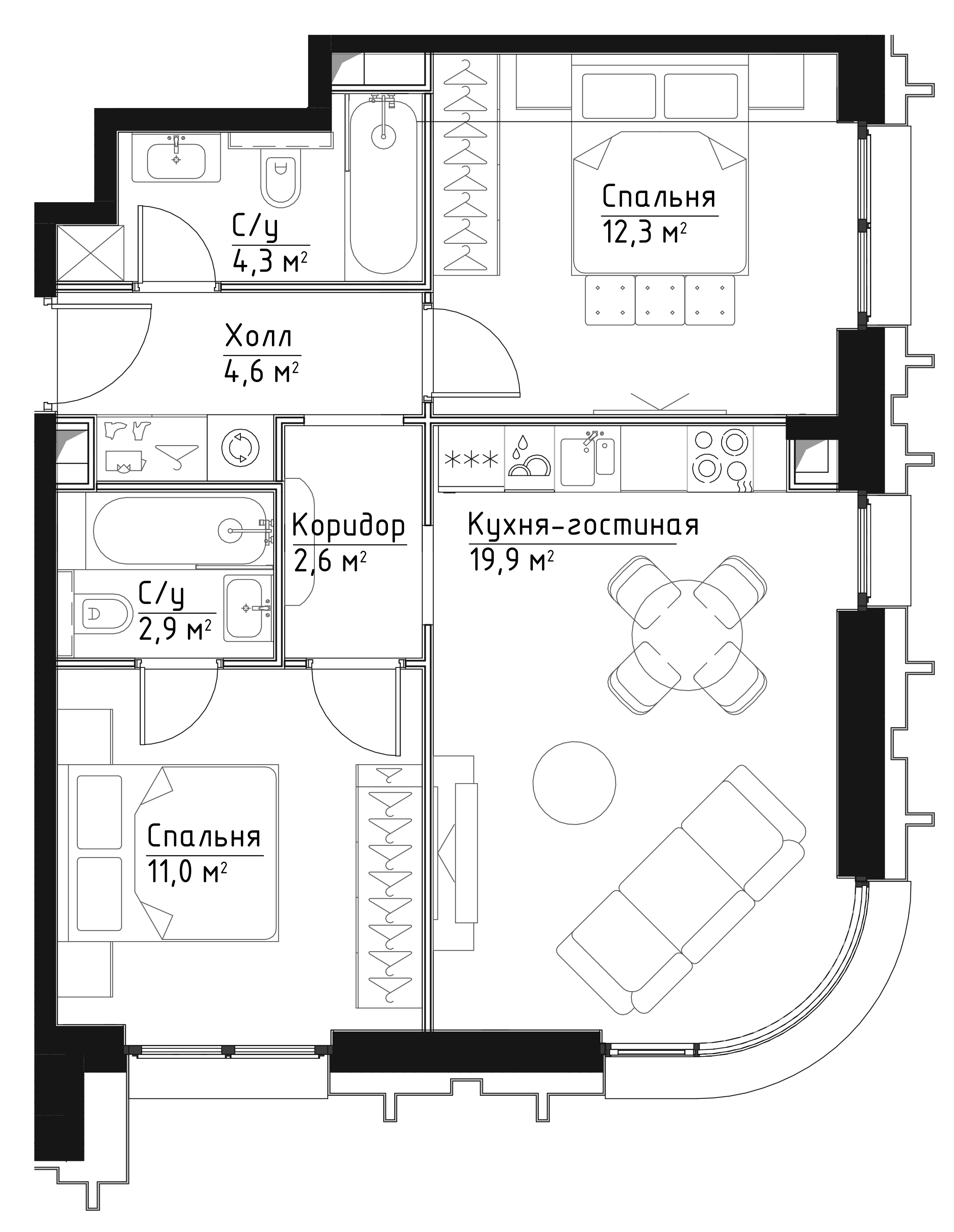 2 комн. квартира, 57.6 м², 24 этаж 