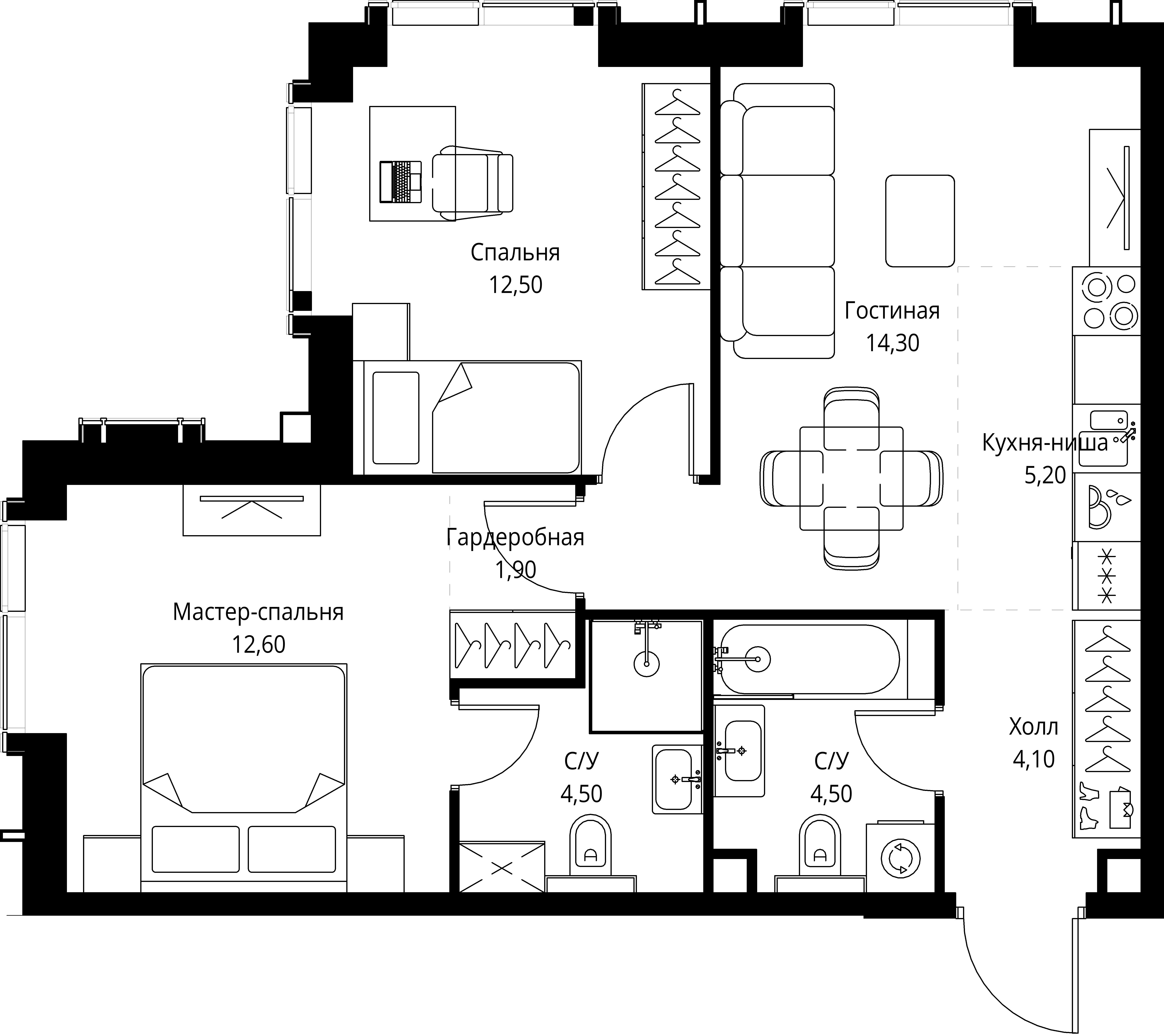 2 комн. квартира, 59.6 м², 14 этаж 