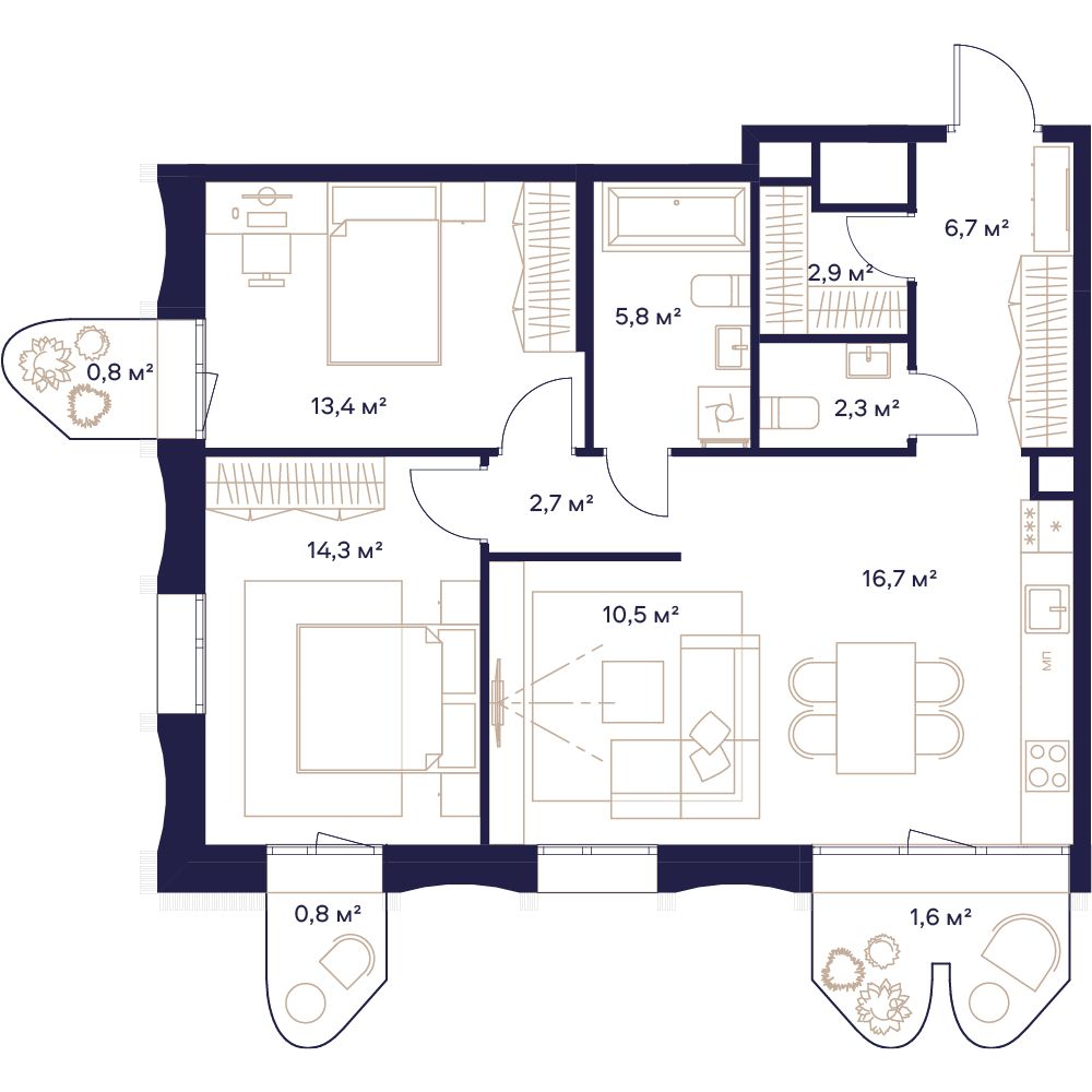 3 комн. квартира, 78.6 м², 13 этаж 