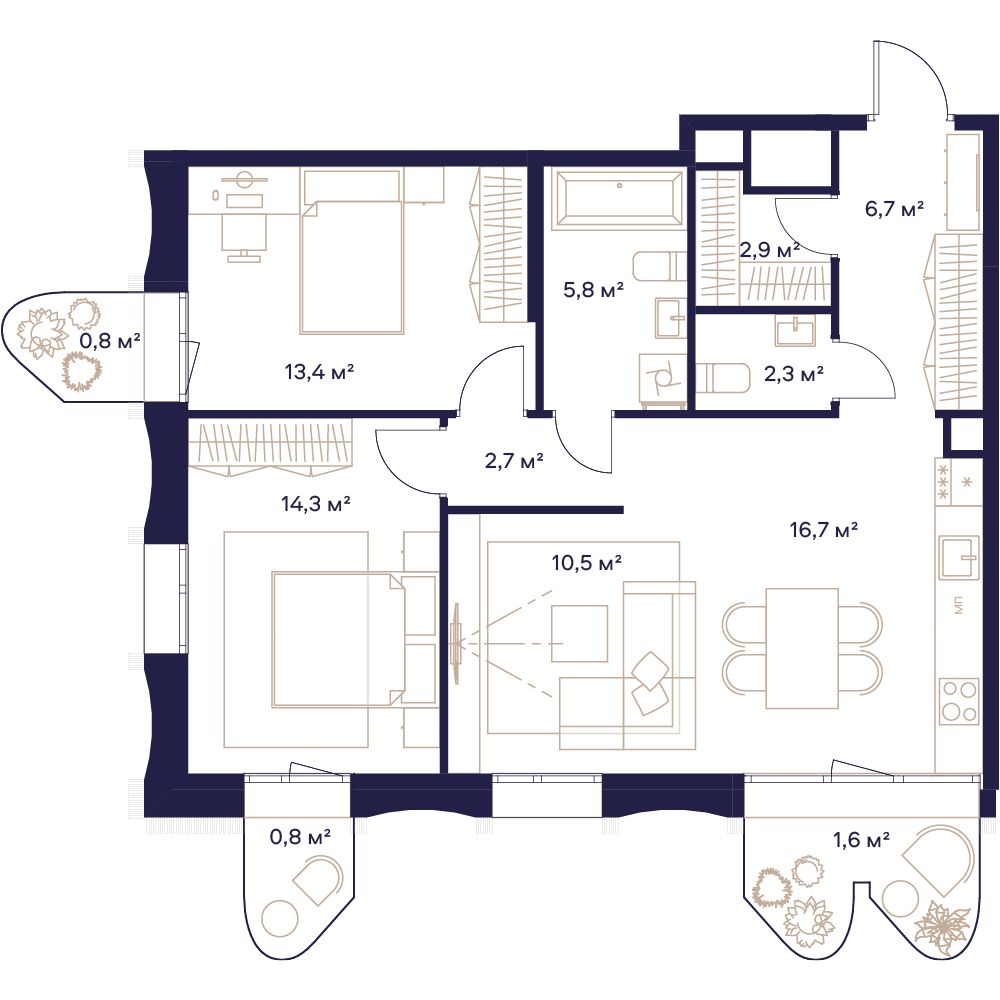 3 комн. квартира, 78.5 м², 15 этаж 