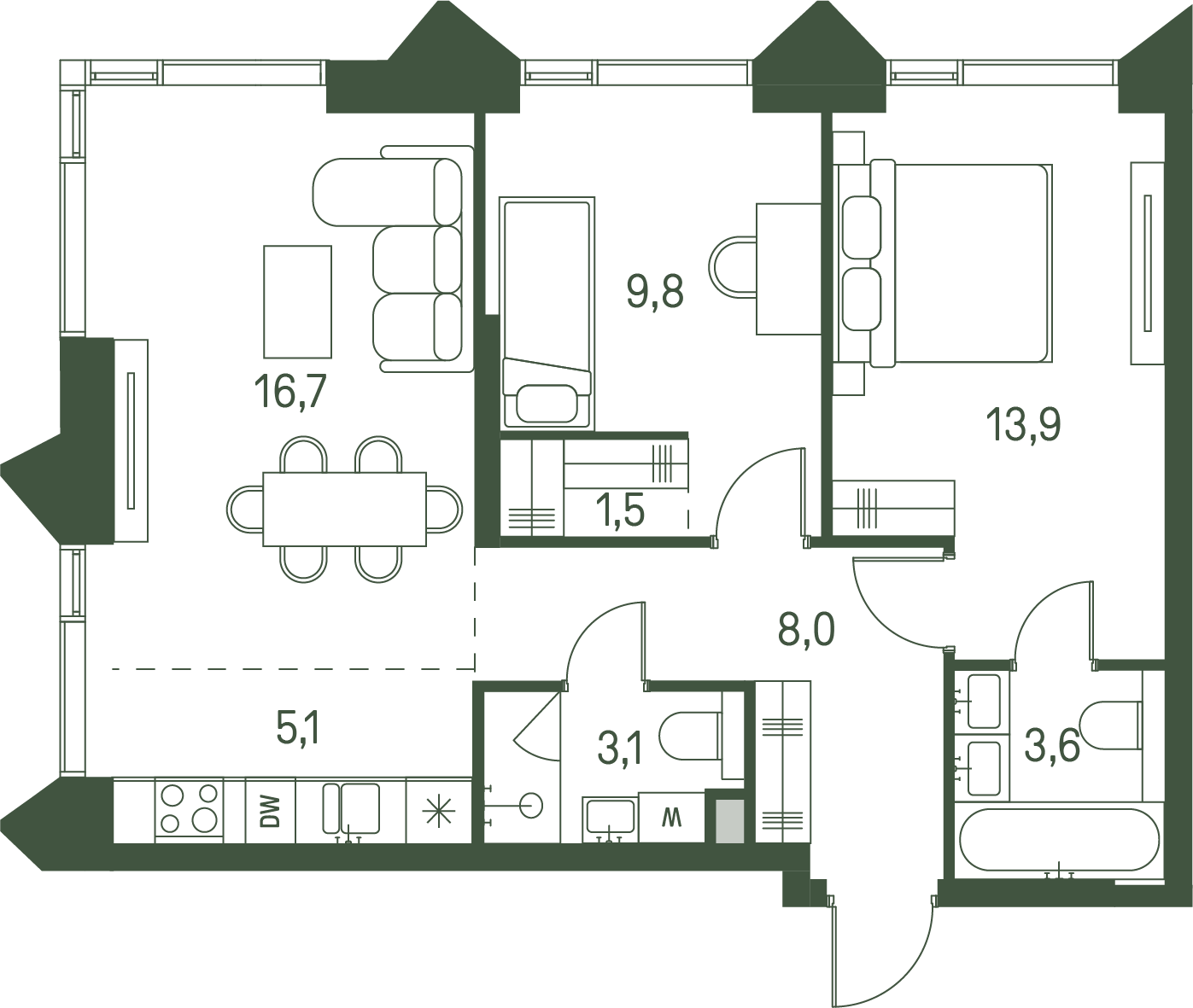 2 комн. квартира, 61.7 м², 31 этаж 