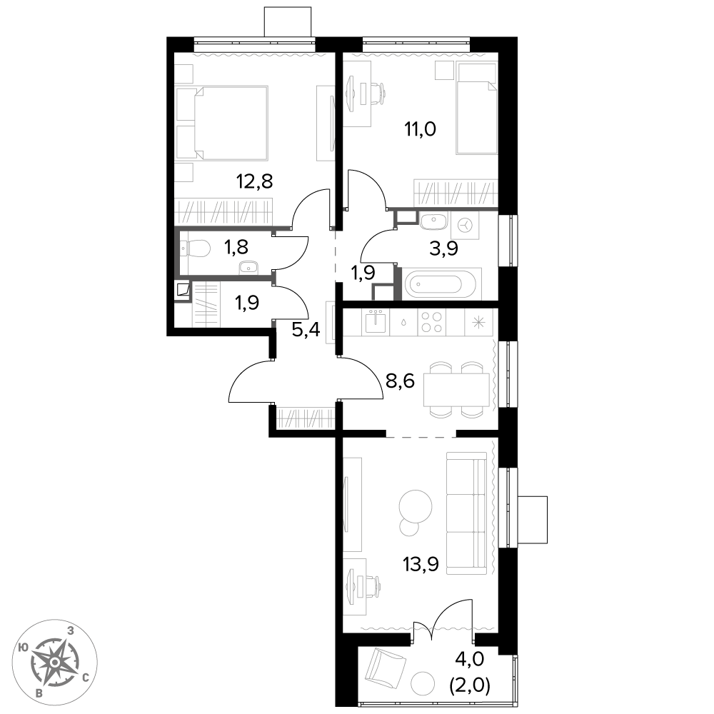 3 комн. квартира, 63.2 м², 18 этаж 