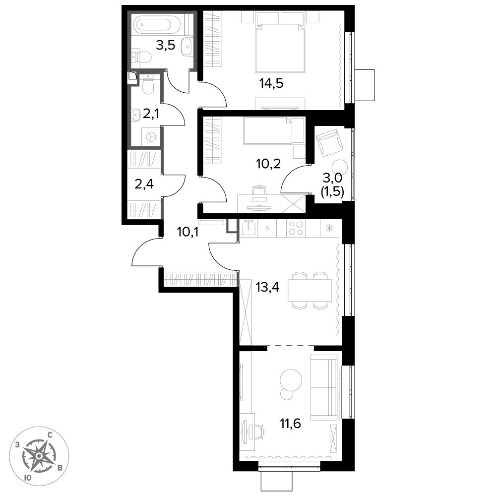 3 комн. квартира, 69.3 м², 3 этаж 