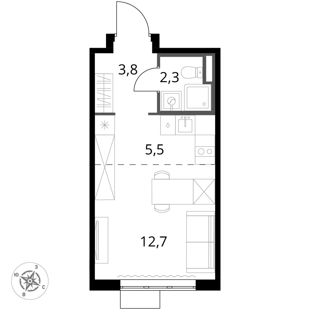 студия, 24.3 м², 22 этаж 