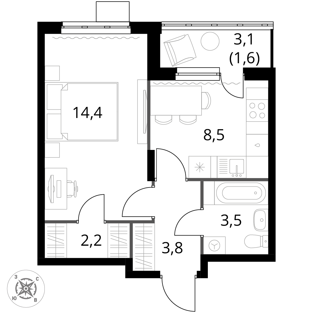 1 комн. квартира, 34 м², 11 этаж 