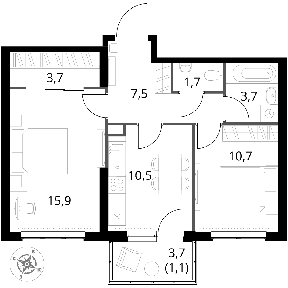 2 комн. квартира, 54.8 м², 2 этаж 