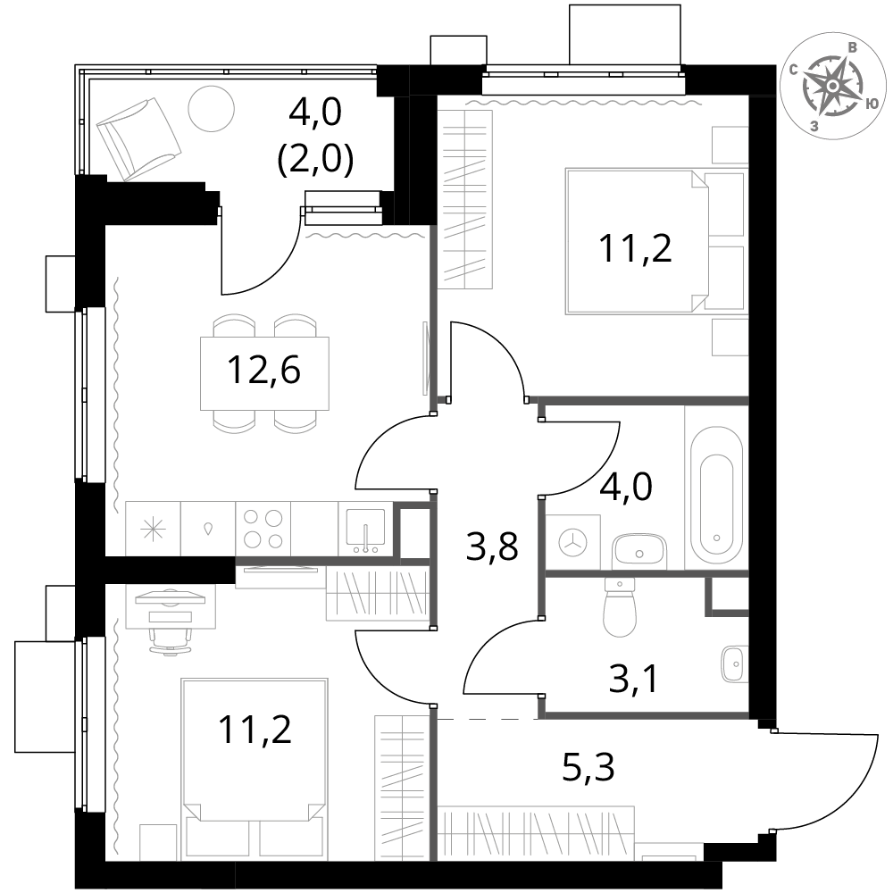 2 комн. квартира, 53.2 м², 12 этаж 