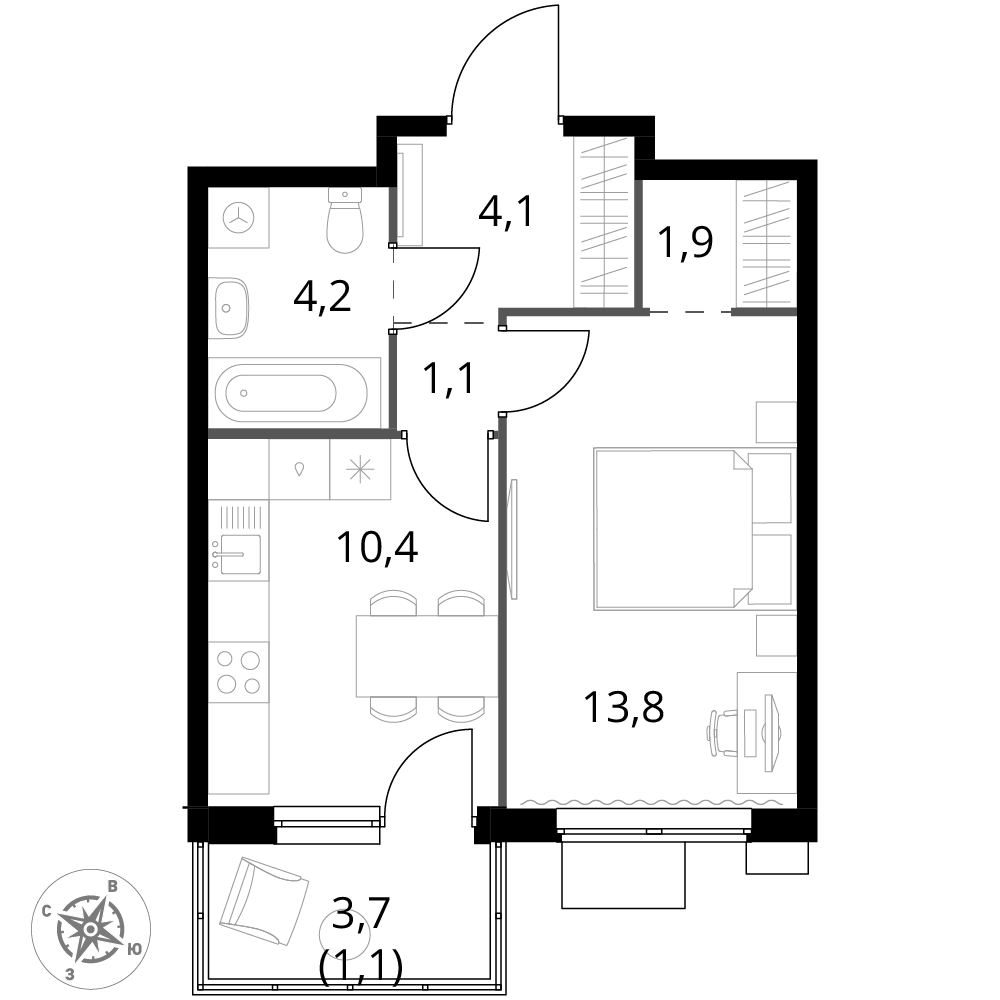1 комн. квартира, 36.6 м², 15 этаж 