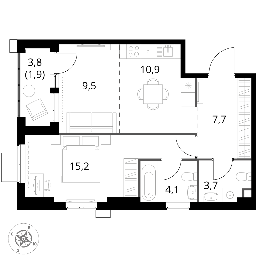 2 комн. квартира, 53 м², 19 этаж 
