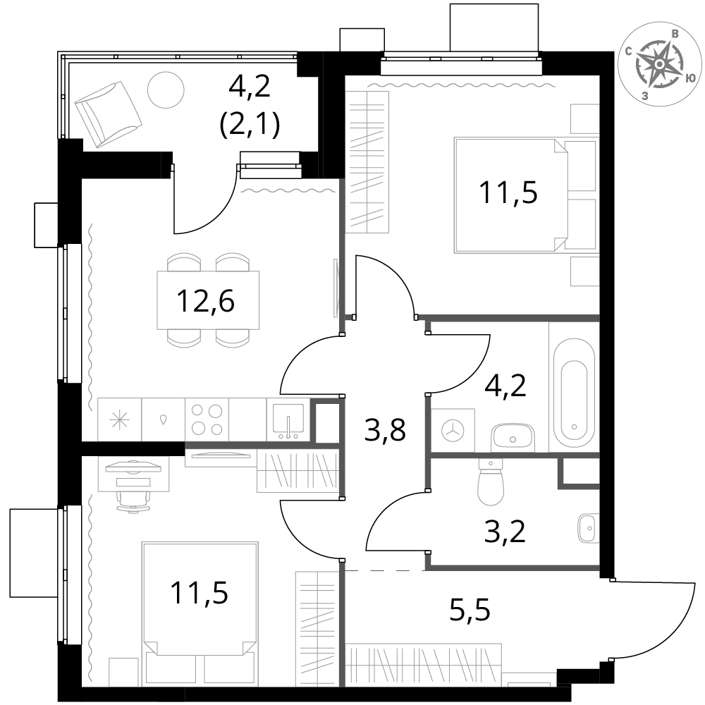 2 комн. квартира, 54.4 м², 22 этаж 