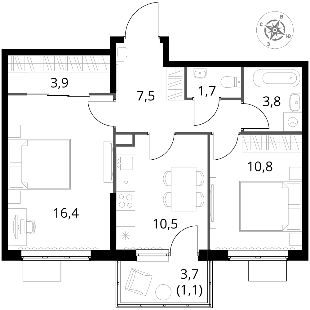 2 комн. квартира, 55.7 м², 25 этаж 