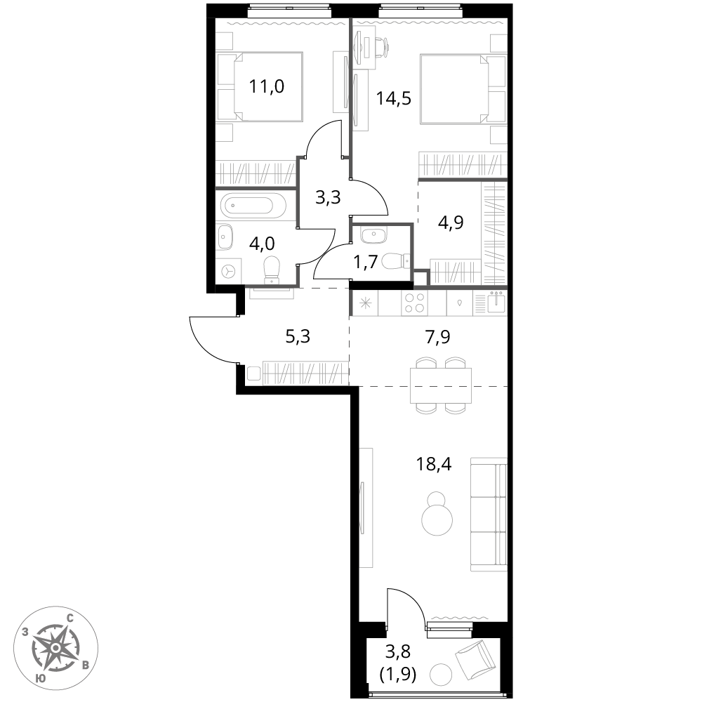 3 комн. квартира, 72.9 м², 2 этаж 