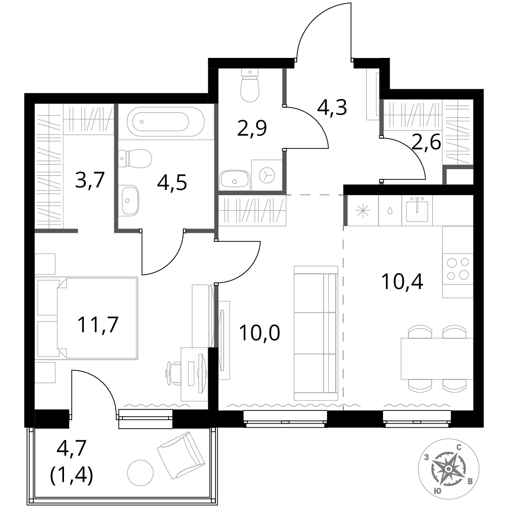 2 комн. квартира, 51.5 м², 2 этаж 