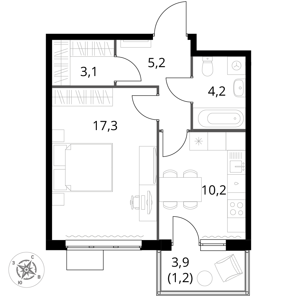 1 комн. квартира, 41.2 м², 12 этаж 