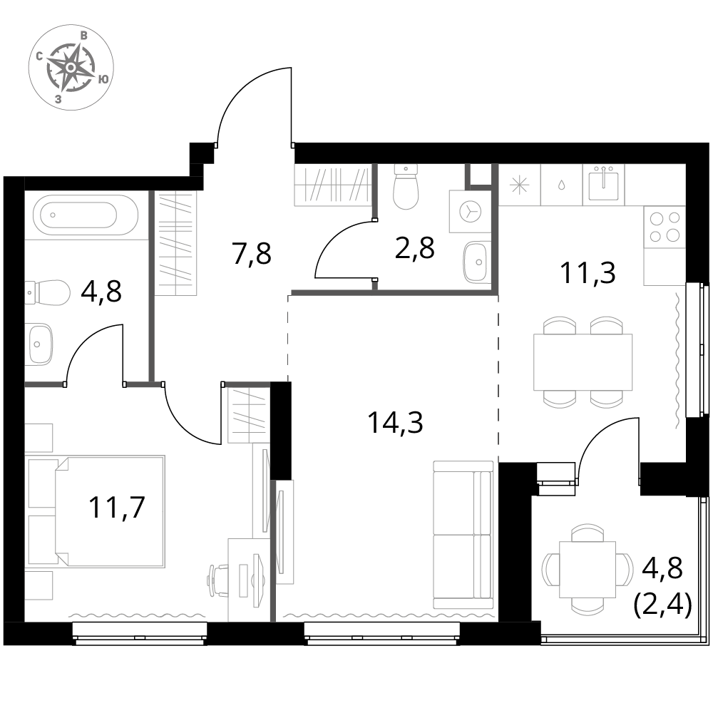 2 комн. квартира, 55.1 м², 2 этаж 