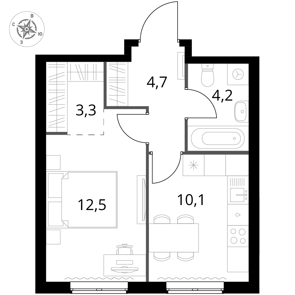 1 комн. квартира, 34.8 м², 2 этаж 