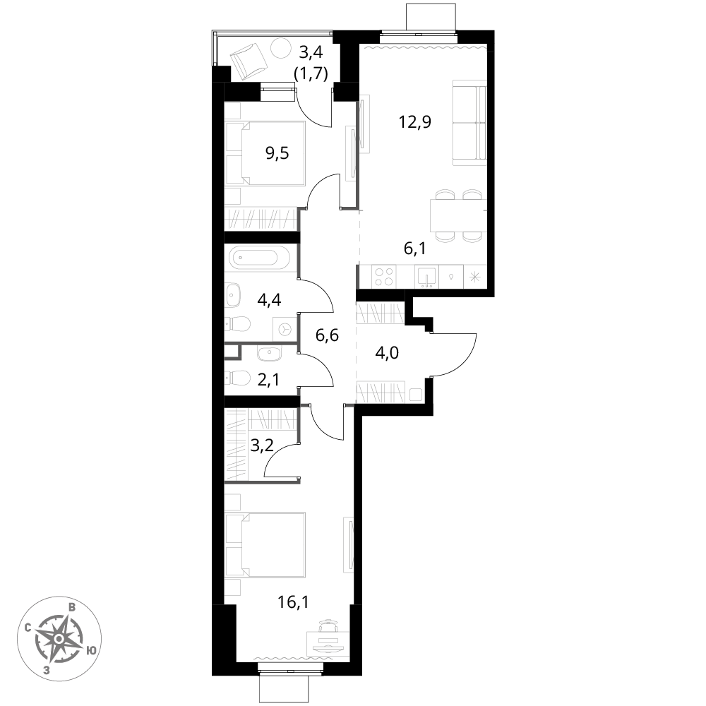 3 комн. квартира, 66.6 м², 3 этаж 