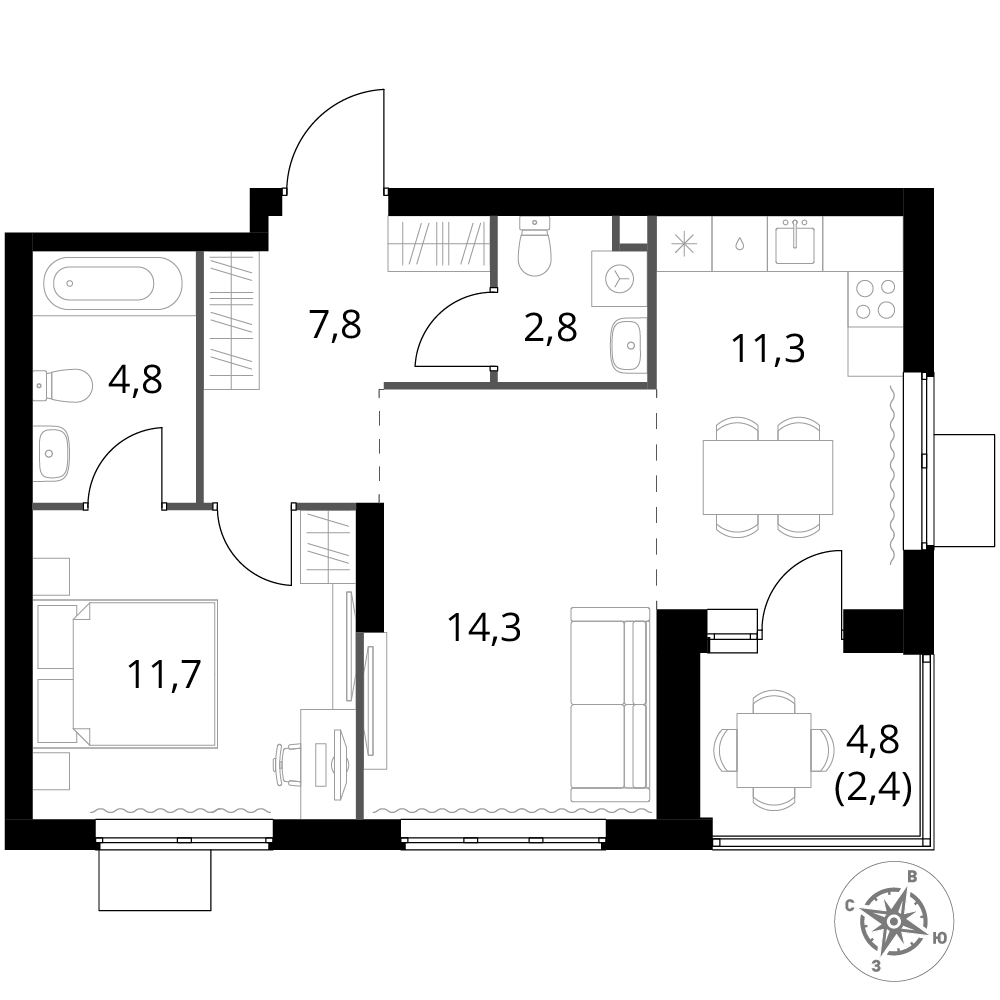 2 комн. квартира, 55.1 м², 6 этаж 