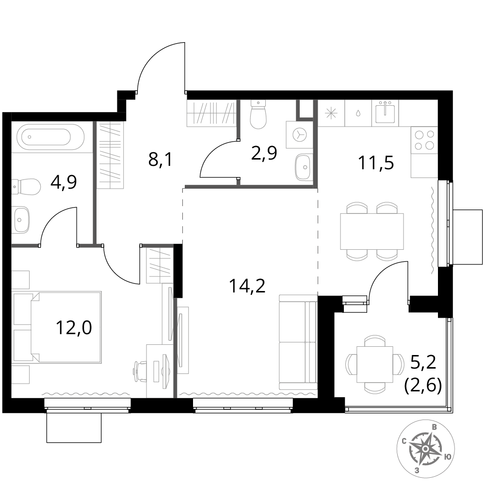 2 комн. квартира, 56.2 м², 16 этаж 