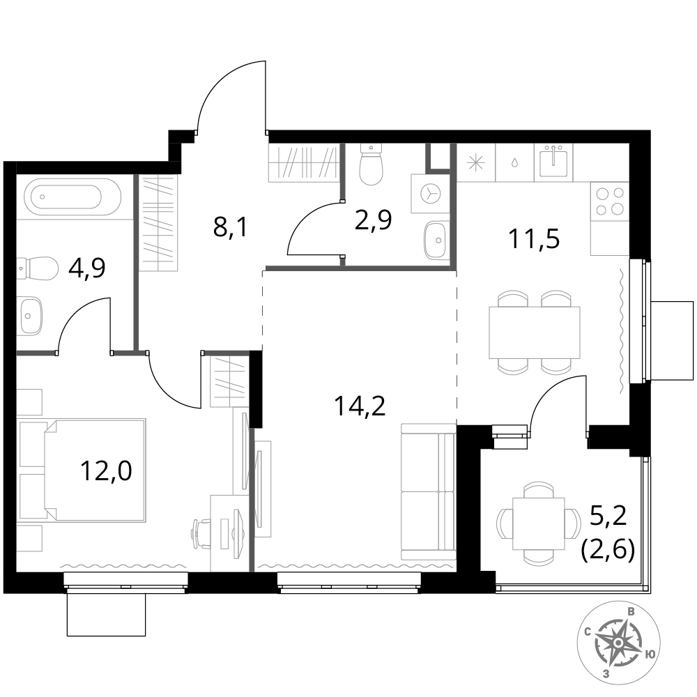 2 комн. квартира, 56.2 м², 22 этаж 
