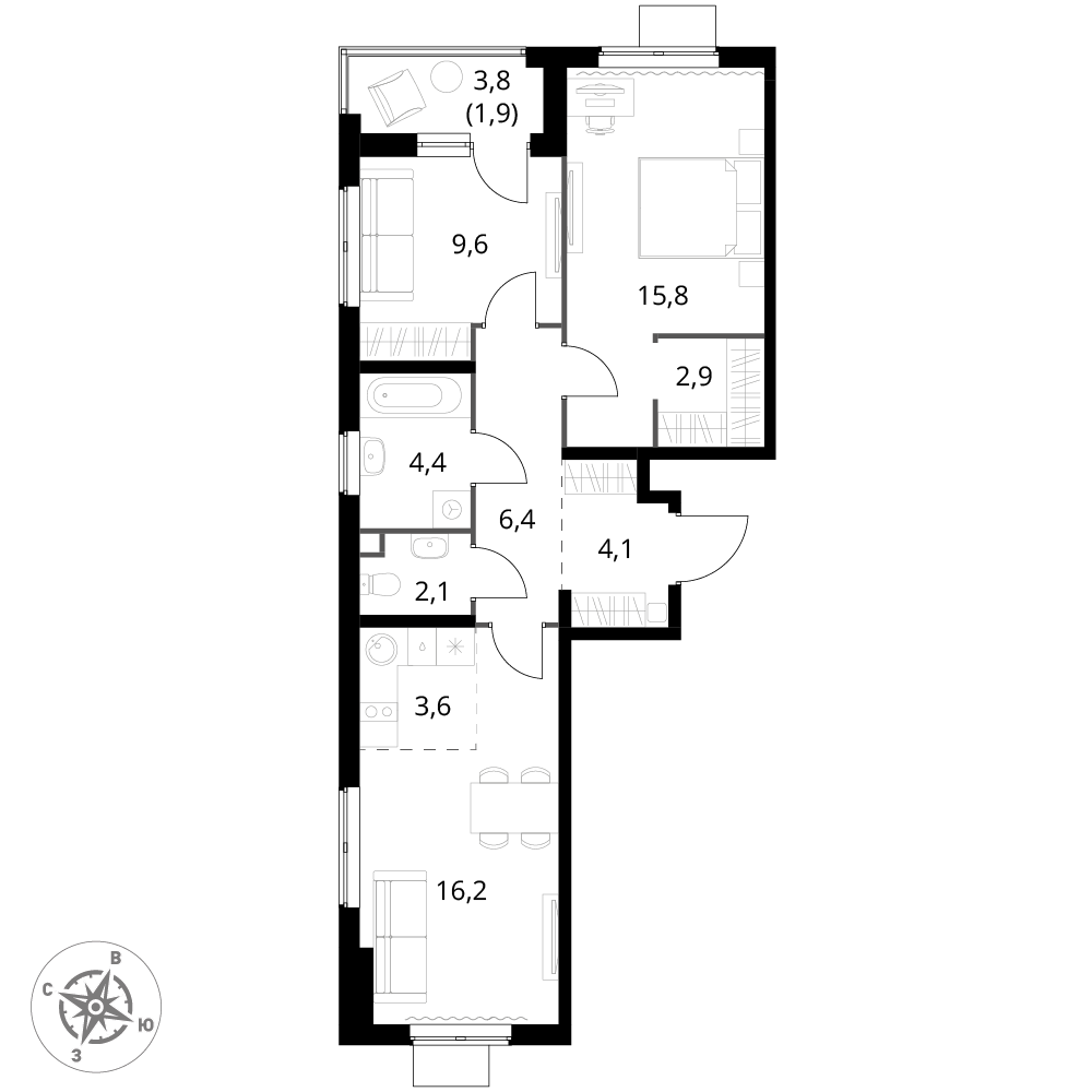 3 комн. квартира, 67 м², 22 этаж 