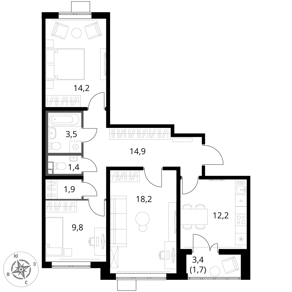 3 комн. квартира, 77.8 м², 25 этаж 