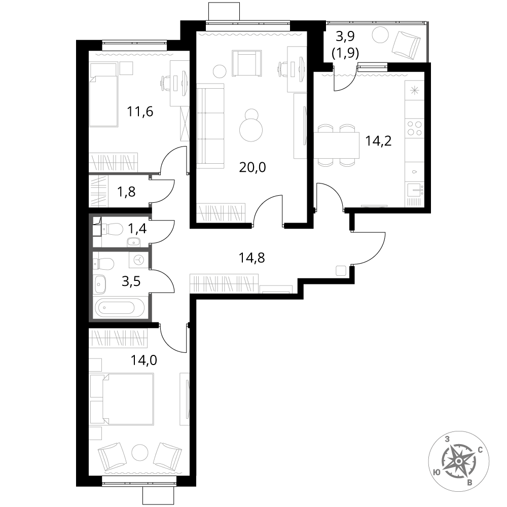 3 комн. квартира, 83.2 м², 3 этаж 