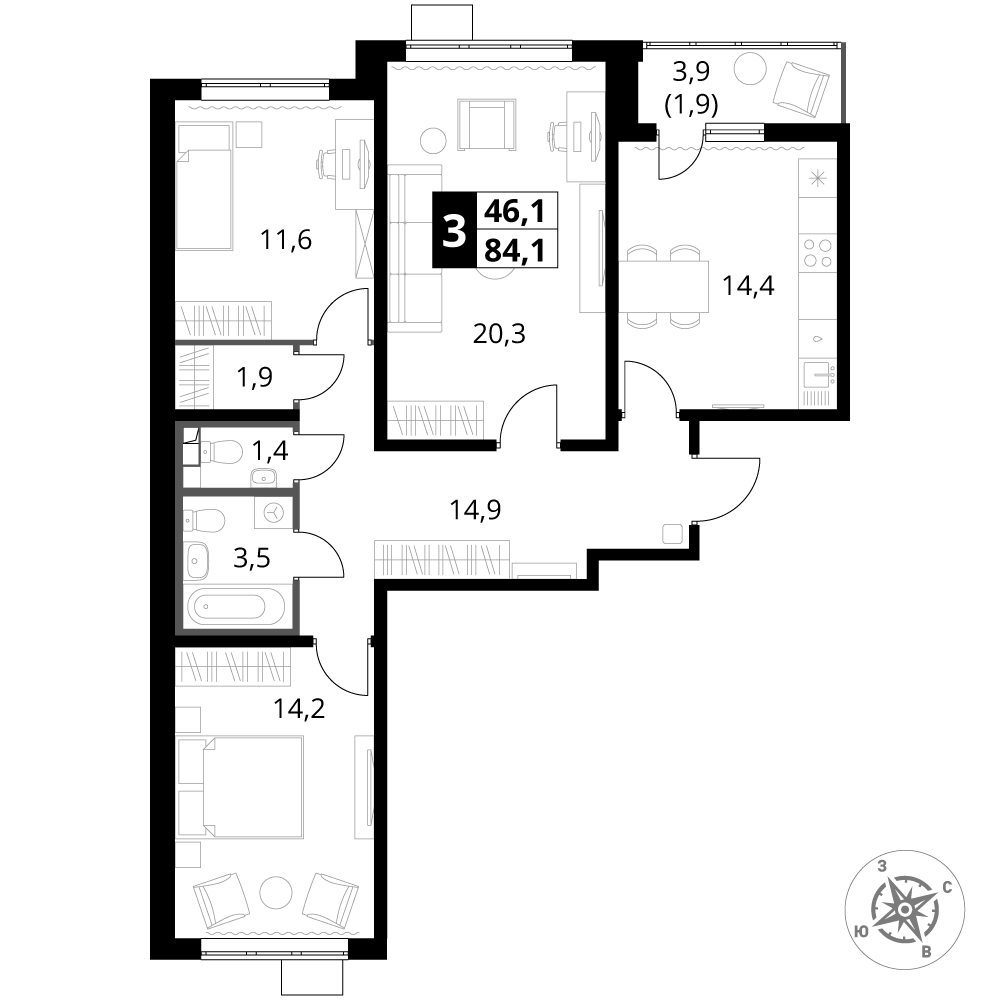 3 комн. квартира, 84.1 м², 20 этаж 