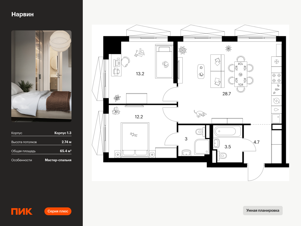 2 комн. квартира, 65.4 м², 16 этаж  (из 38)