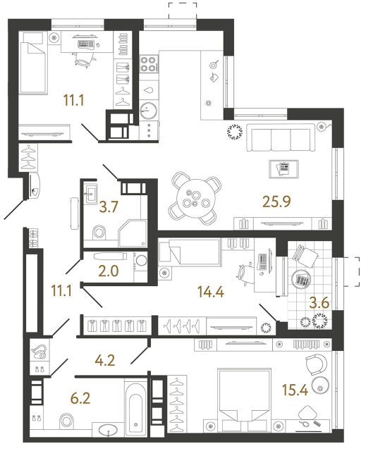3 комн. квартира, 94 м², 23 этаж 