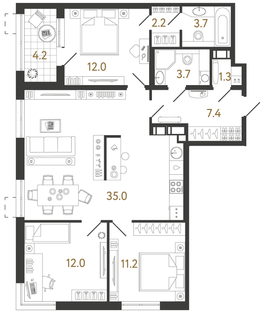 3 комн. квартира, 88.5 м², 16 этаж 