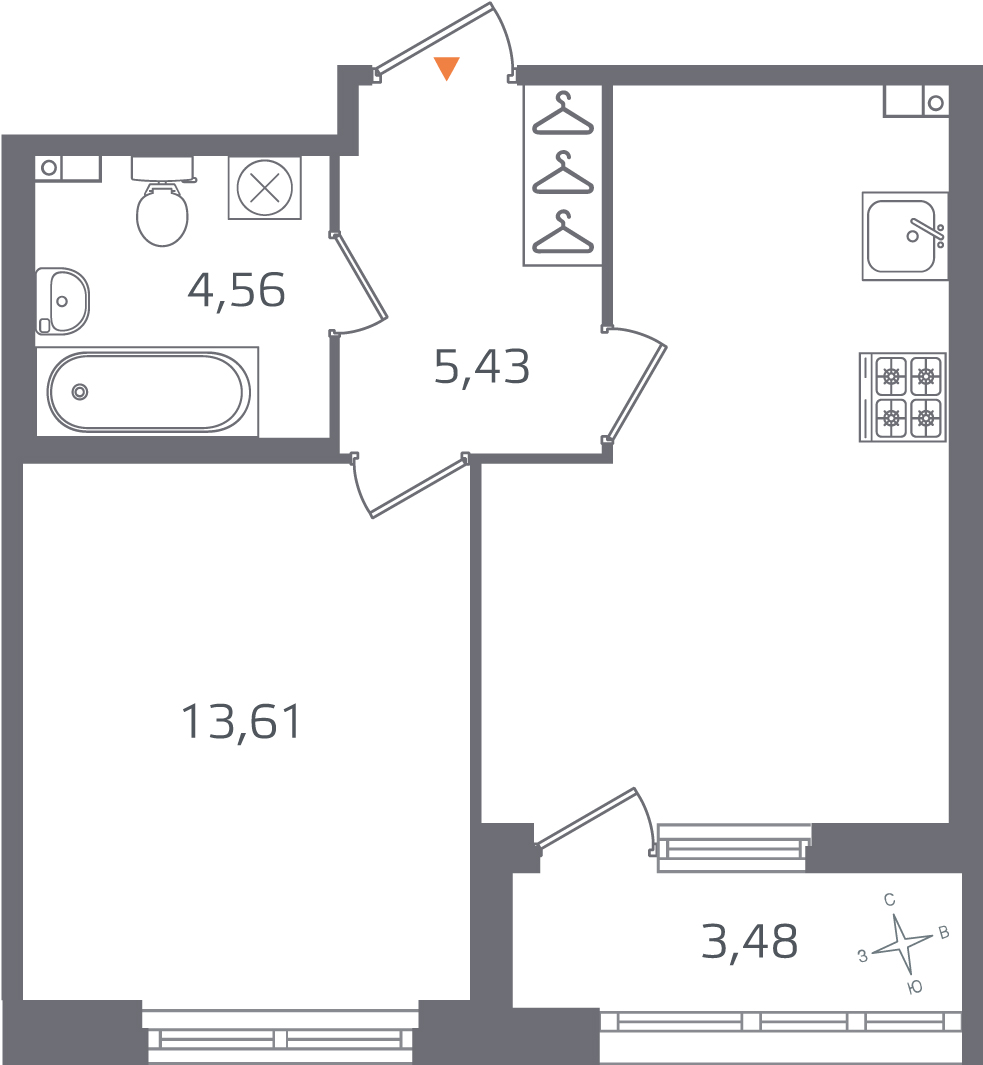 1 комн. квартира, 40.3 м², 3 этаж 