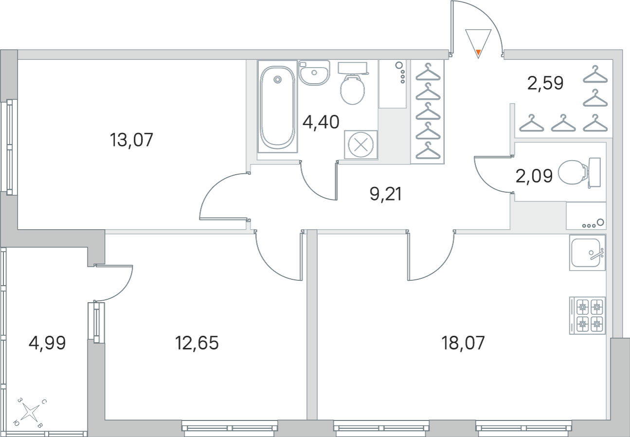 2 комн. квартира, 62.1 м², 2 этаж 