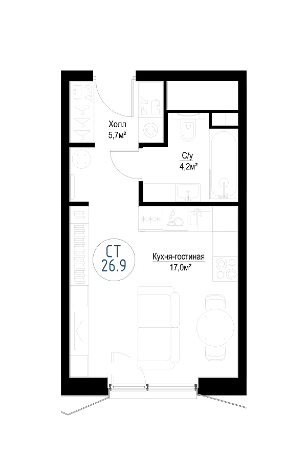 студия, 26.7 м², 11 этаж 
