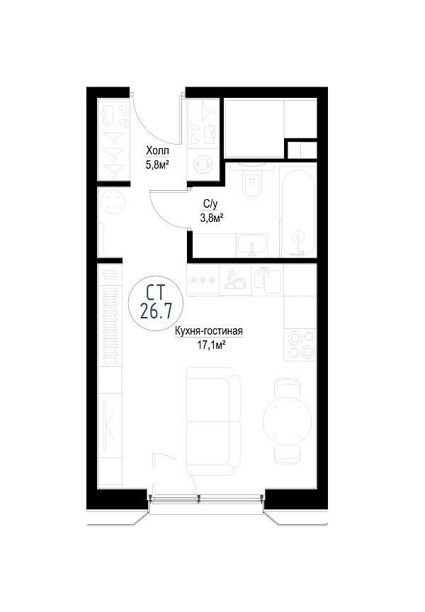 студия, 26.5 м², 18 этаж 