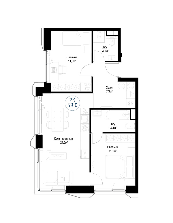 2 комн. квартира, 57.8 м², 2 этаж 