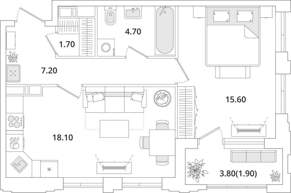 1 комн. квартира, 49.3 м², 13 этаж 