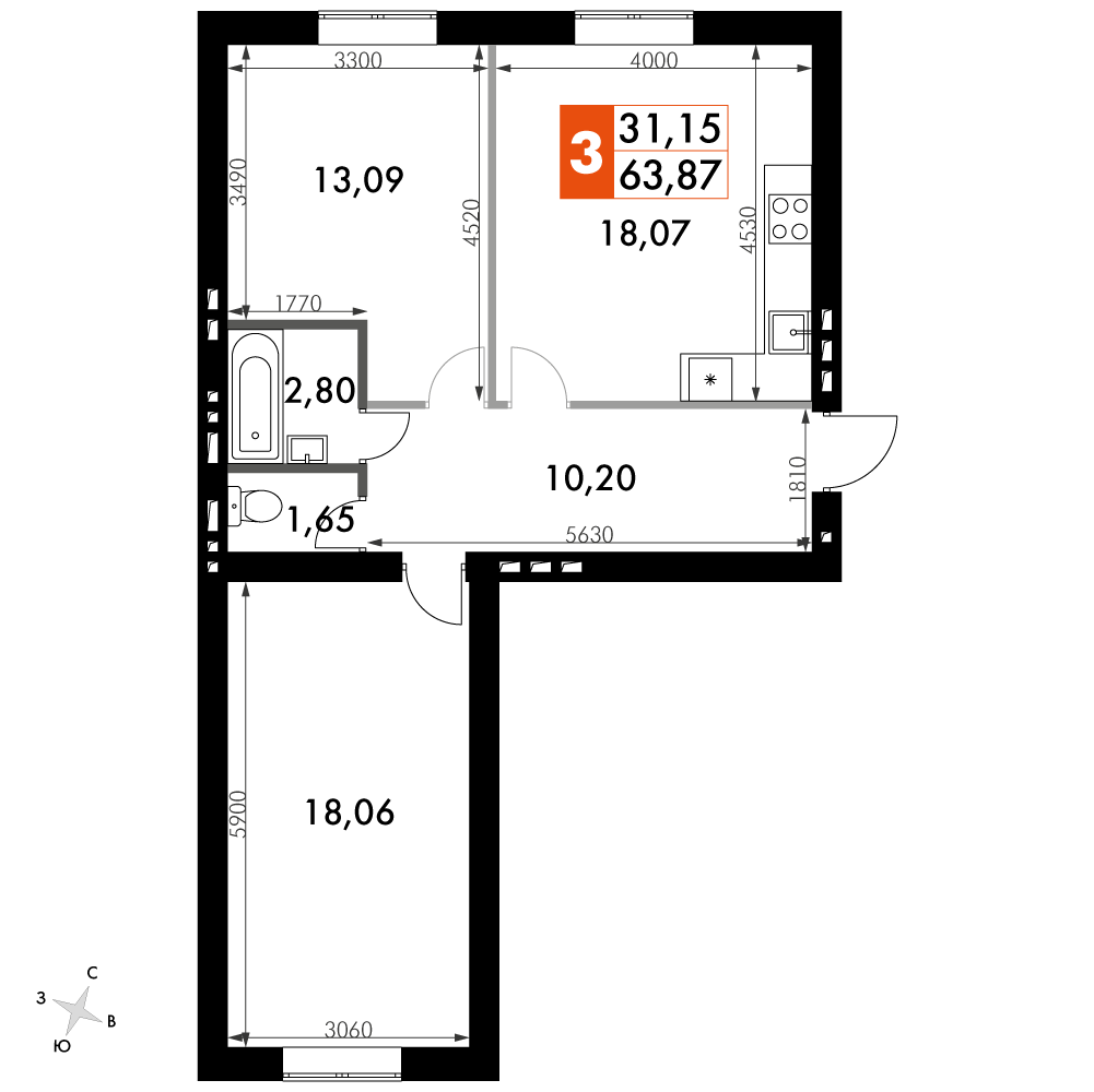 2 комн. квартира, 64 м², 2 этаж 