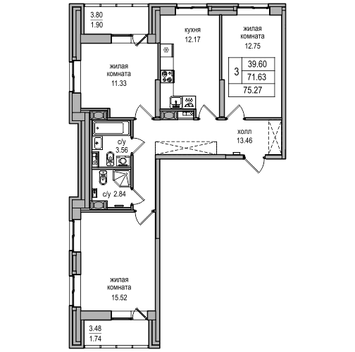 3 комн. квартира, 74.2 м², 14 этаж 