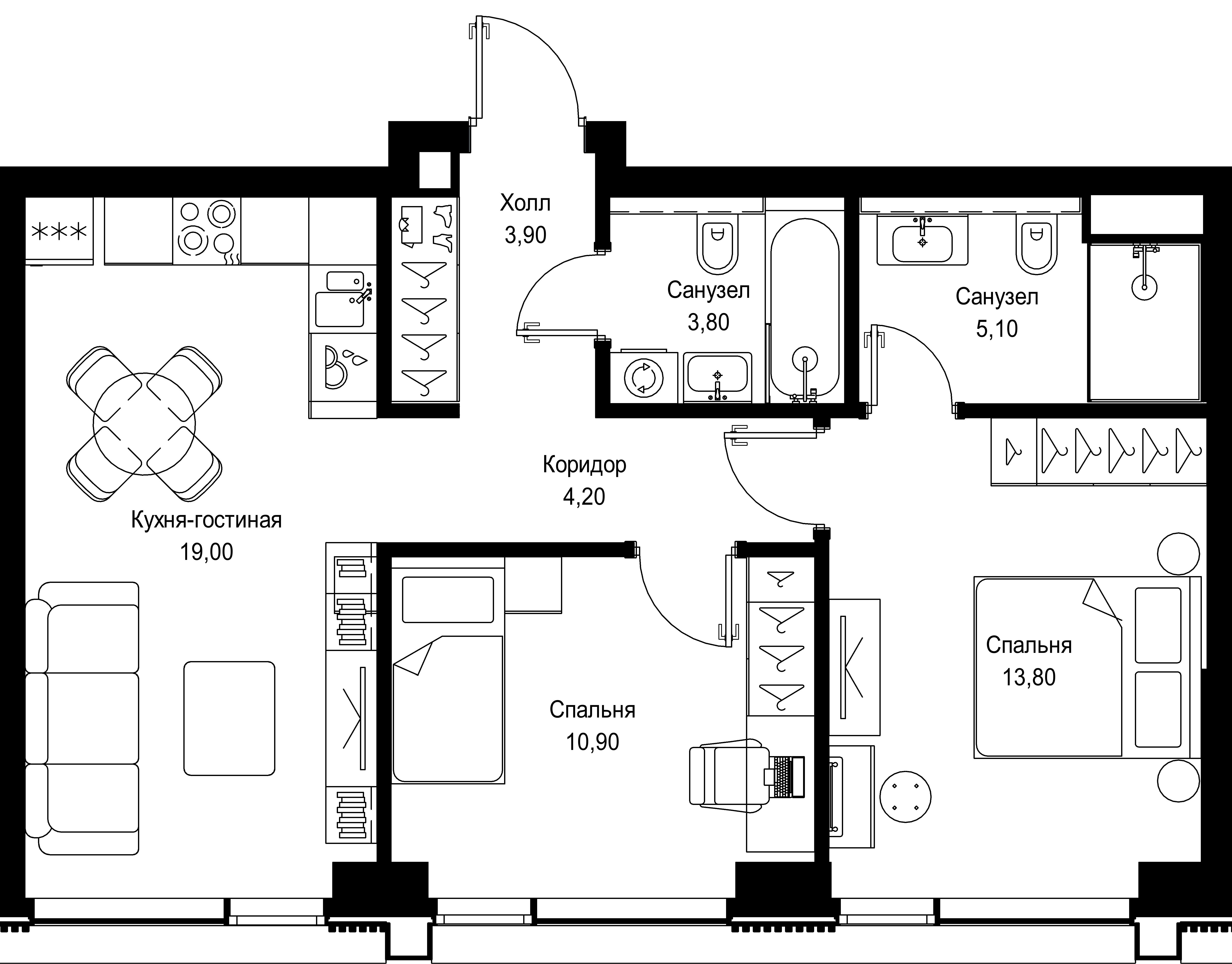 2 комн. квартира, 60.7 м², 11 этаж 