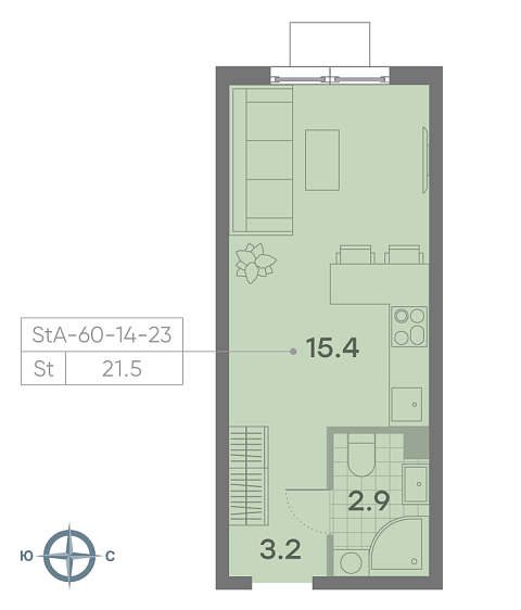 студия, 21.6 м², 16 этаж 