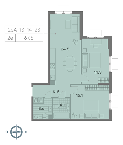 1 комн. квартира, 67.6 м², 23 этаж 