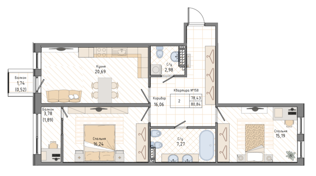 2 комн. квартира, 80.8 м², 6 этаж 