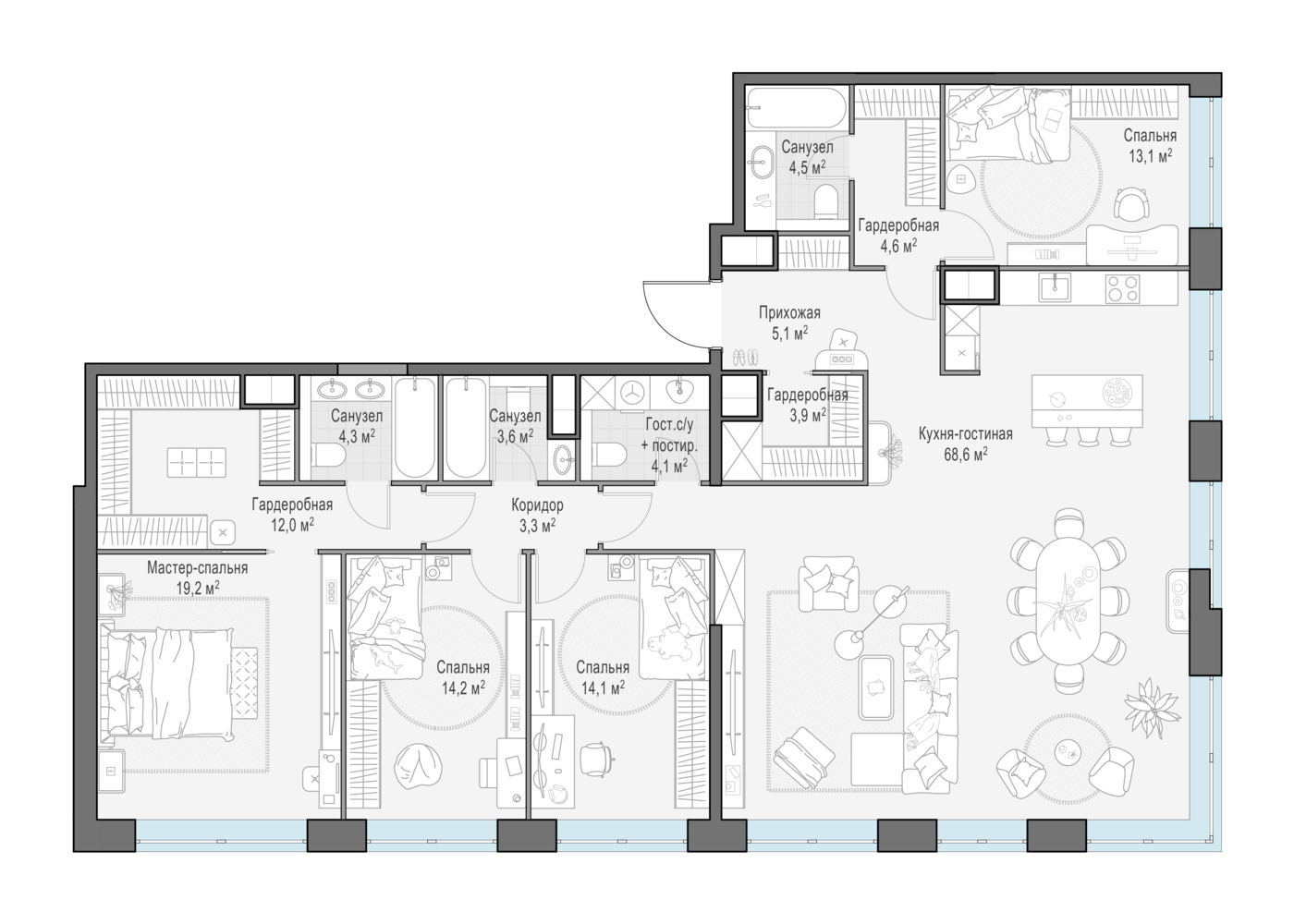 4 комн. квартира, 173.5 м², 13 этаж 
