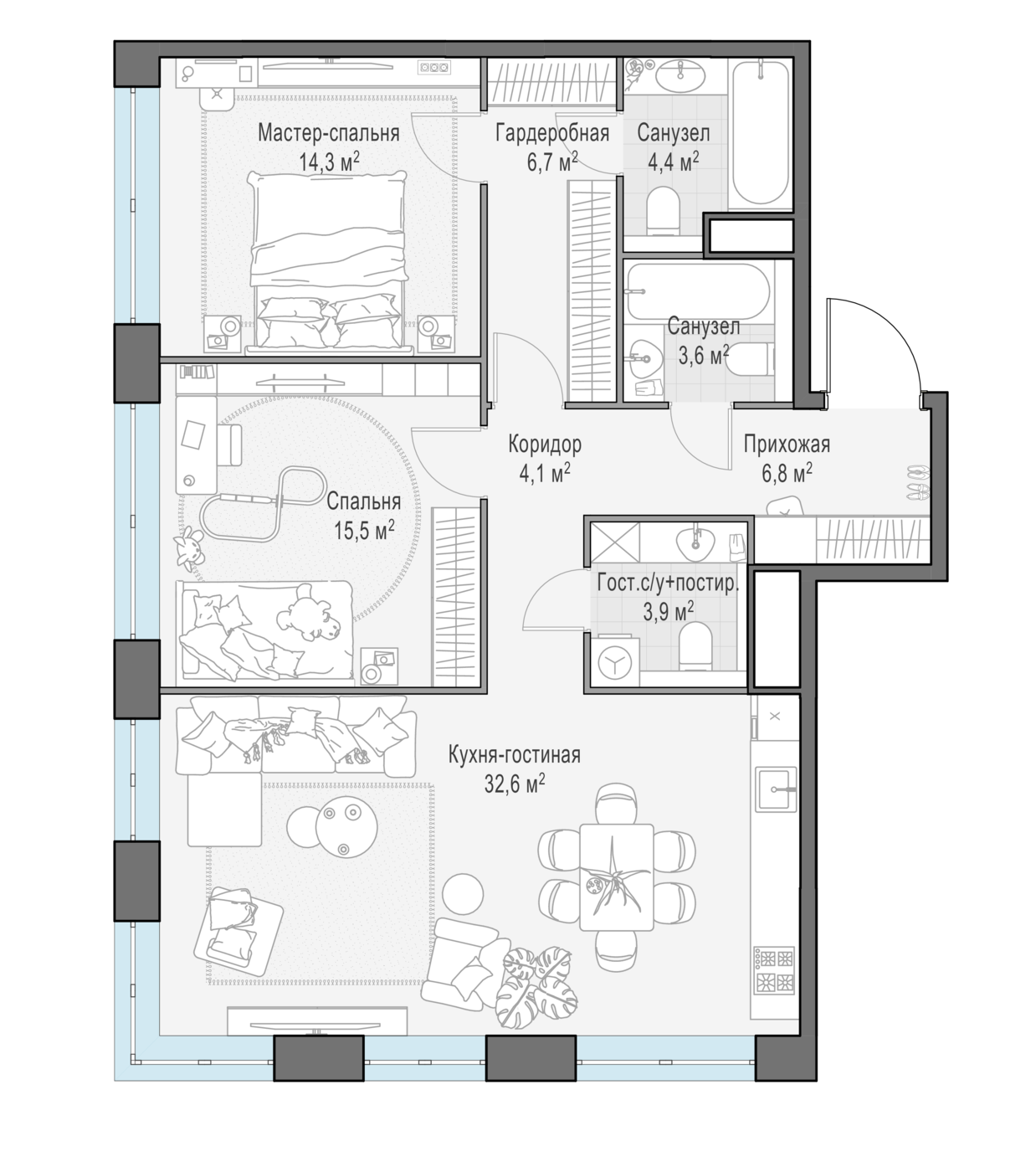 2 комн. квартира, 92.2 м², 13 этаж 